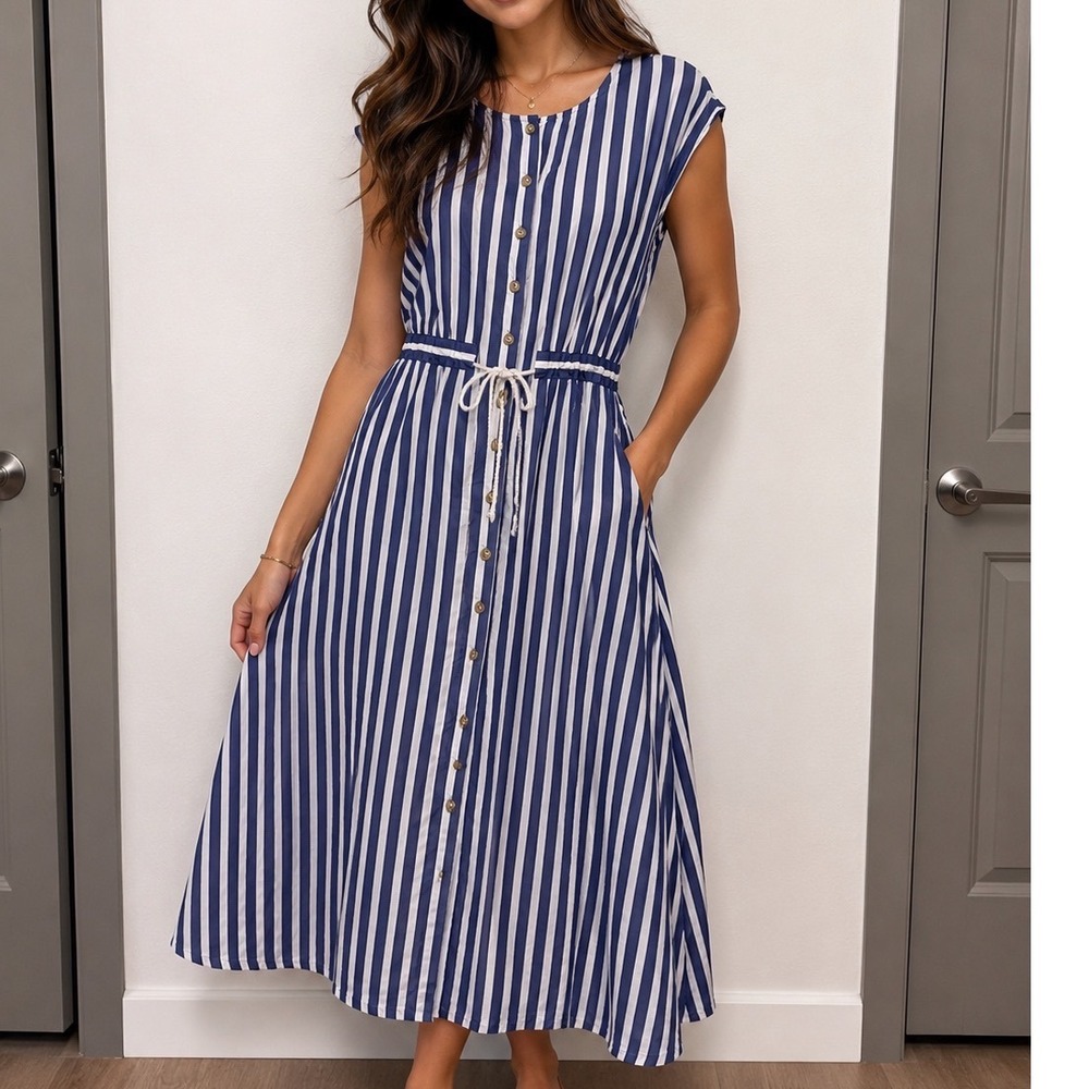 Harvey Faircloth Blue White Striped Cotton Button Front Midi Dress Size 8 t3